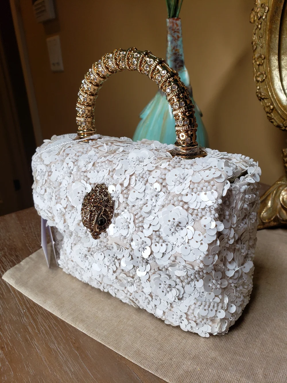 Kurt Geiger White Sequin Beaded Floral Top-Handle Satchel w/ Crossbody NWT! - Picture 7 of 17